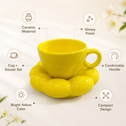 Coffee Cup and Saucer Set, Yellow Ceramic Tea Coffee Cup with Flower-Shaped Saucer, Glossy Ring Handle Cup for Women, Home, Office & Gifting