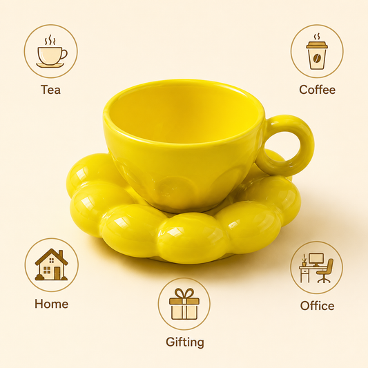 Coffee Cup and Saucer Set, Yellow Ceramic Tea Coffee Cup with Flower-Shaped Saucer, Glossy Ring Handle Cup for Women, Home, Office & Gifting
