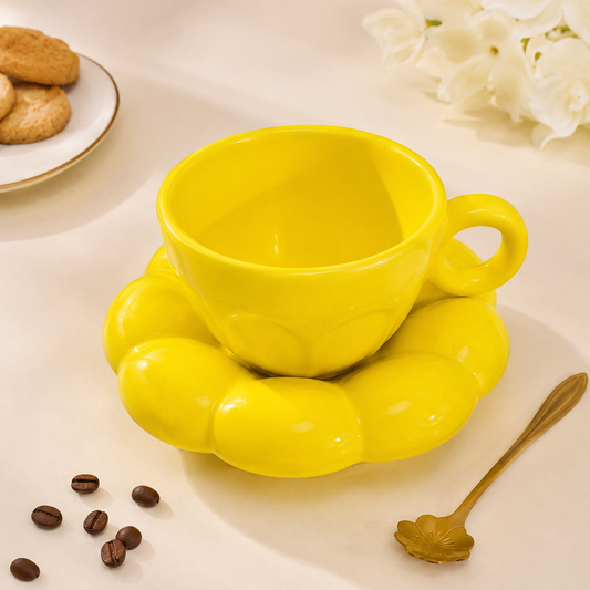 Coffee Cup and Saucer Set, Yellow Ceramic Tea Coffee Cup with Flower-Shaped Saucer, Glossy Ring Handle Cup for Women, Home, Office & Gifting