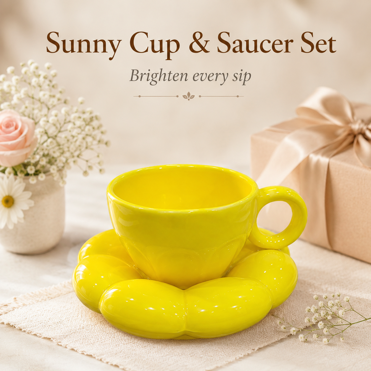 Coffee Cup and Saucer Set, Yellow Ceramic Tea Coffee Cup with Flower-Shaped Saucer, Glossy Ring Handle Cup for Women, Home, Office & Gifting