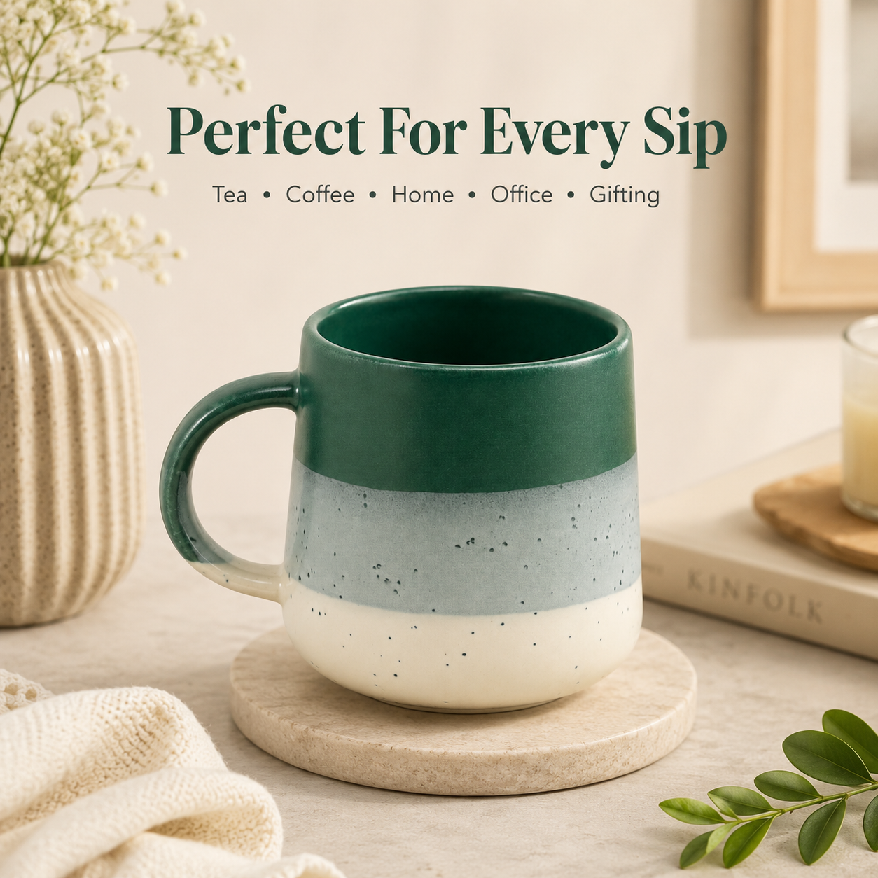 Coffee Mug, Green Tri-Tone Speckled Ceramic Mug with Comfortable Handle, Modern Tea & Coffee Mug for Men, Women, Home, Office & Gifting