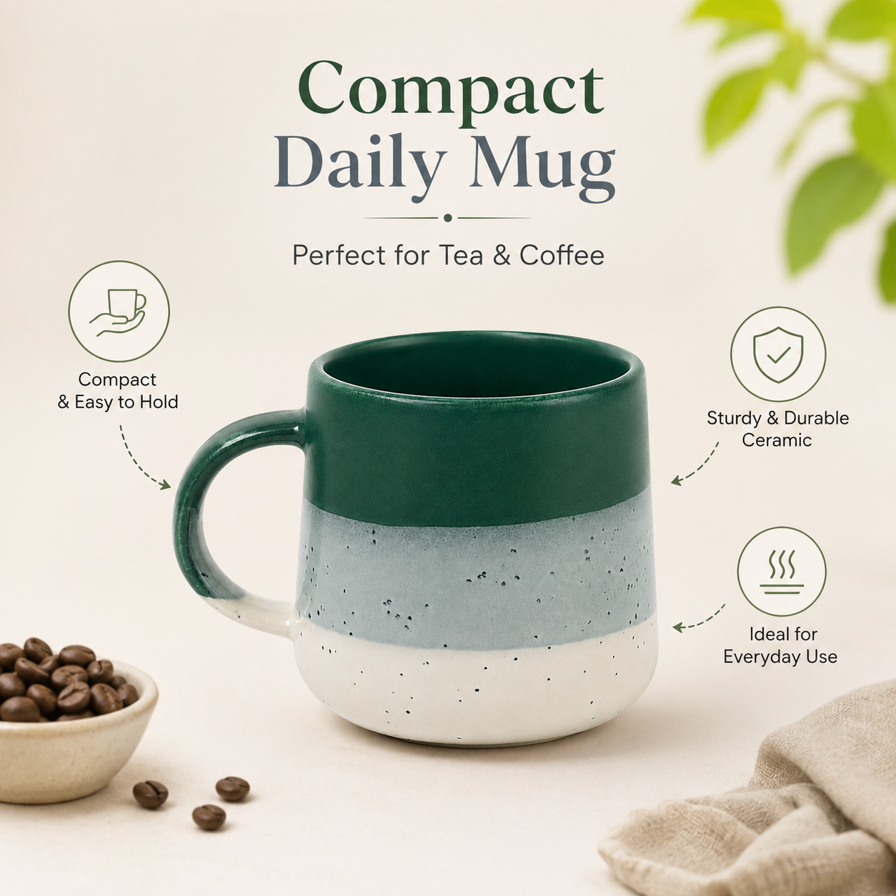 Coffee Mug, Green Tri-Tone Speckled Ceramic Mug with Comfortable Handle, Modern Tea & Coffee Mug for Men, Women, Home, Office & Gifting