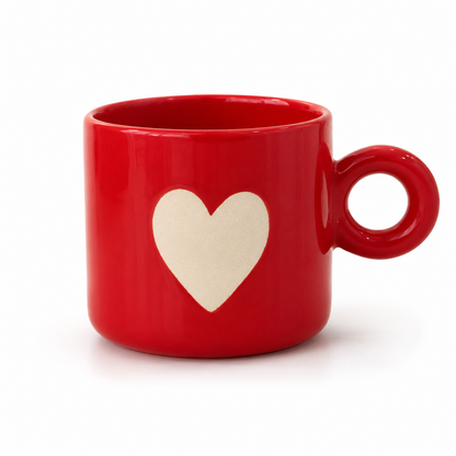 Coffee Mug, Red Heart Design Ceramic Mug with Round Ring Handle, Glossy Tea & Coffee Mug for Couples, Men & Women, Home, Office and Gifting