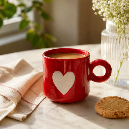 Coffee Mug, Red Heart Design Ceramic Mug with Round Ring Handle, Glossy Tea & Coffee Mug for Couples, Men & Women, Home, Office and Gifting