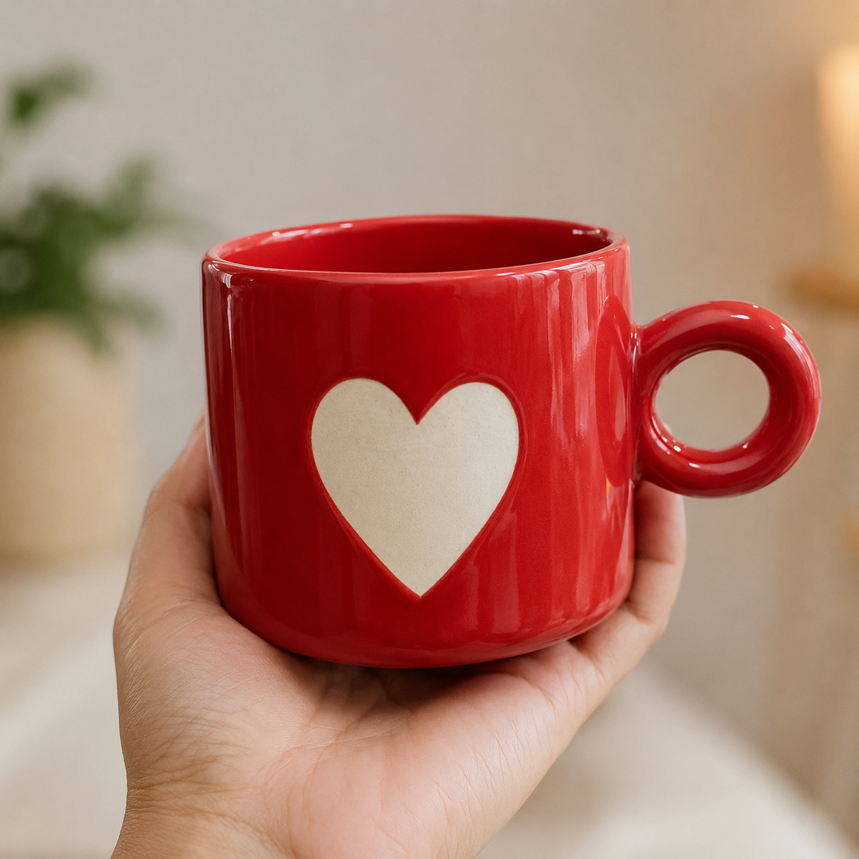 Coffee Mug, Red Heart Design Ceramic Mug with Round Ring Handle, Glossy Tea & Coffee Mug for Couples, Men & Women, Home, Office and Gifting