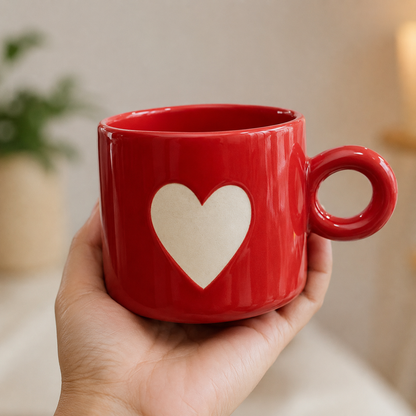 Coffee Mug, Red Heart Design Ceramic Mug with Round Ring Handle, Glossy Tea & Coffee Mug for Couples, Men & Women, Home, Office and Gifting