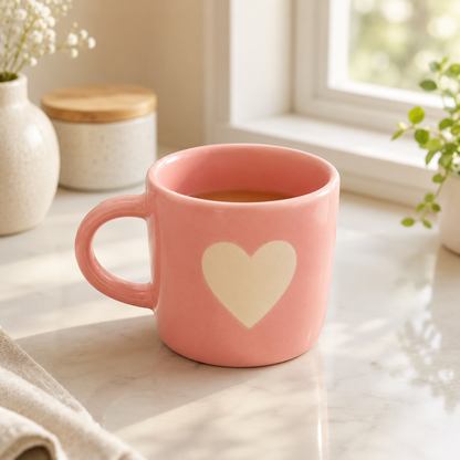 Coffee Mug, Pink Heart Design Ceramic Mug with Glossy Finish and Comfortable Handle, Tea & Coffee Mug for Women, Girls, Home, Office, Birthday & Valentine Gifting