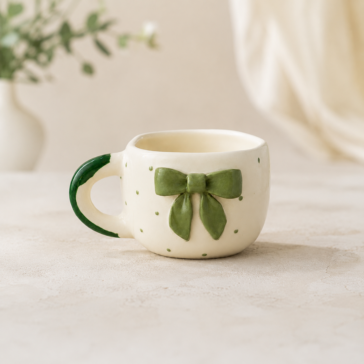 Coffee Mug, 3D Olive Green Bow Design Ceramic Mug with Wavy Rim and Green Accent Handle, Cream Aesthetic Tea Coffee Mug for Women, Girls, Home, Office & Gifting
