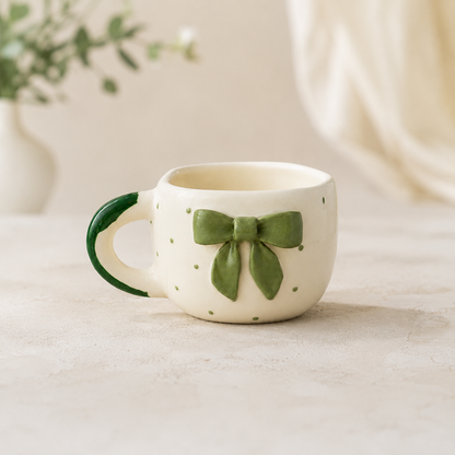 Coffee Mug, 3D Olive Green Bow Design Ceramic Mug with Wavy Rim and Green Accent Handle, Cream Aesthetic Tea Coffee Mug for Women, Girls, Home, Office & Gifting