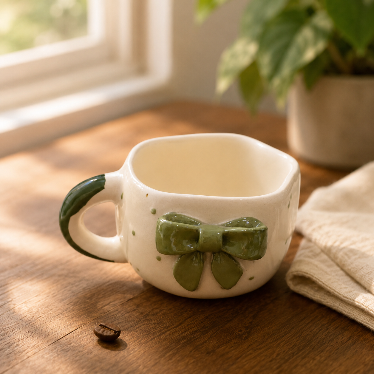 Coffee Mug, 3D Olive Green Bow Design Ceramic Mug with Wavy Rim and Green Accent Handle, Cream Aesthetic Tea Coffee Mug for Women, Girls, Home, Office & Gifting