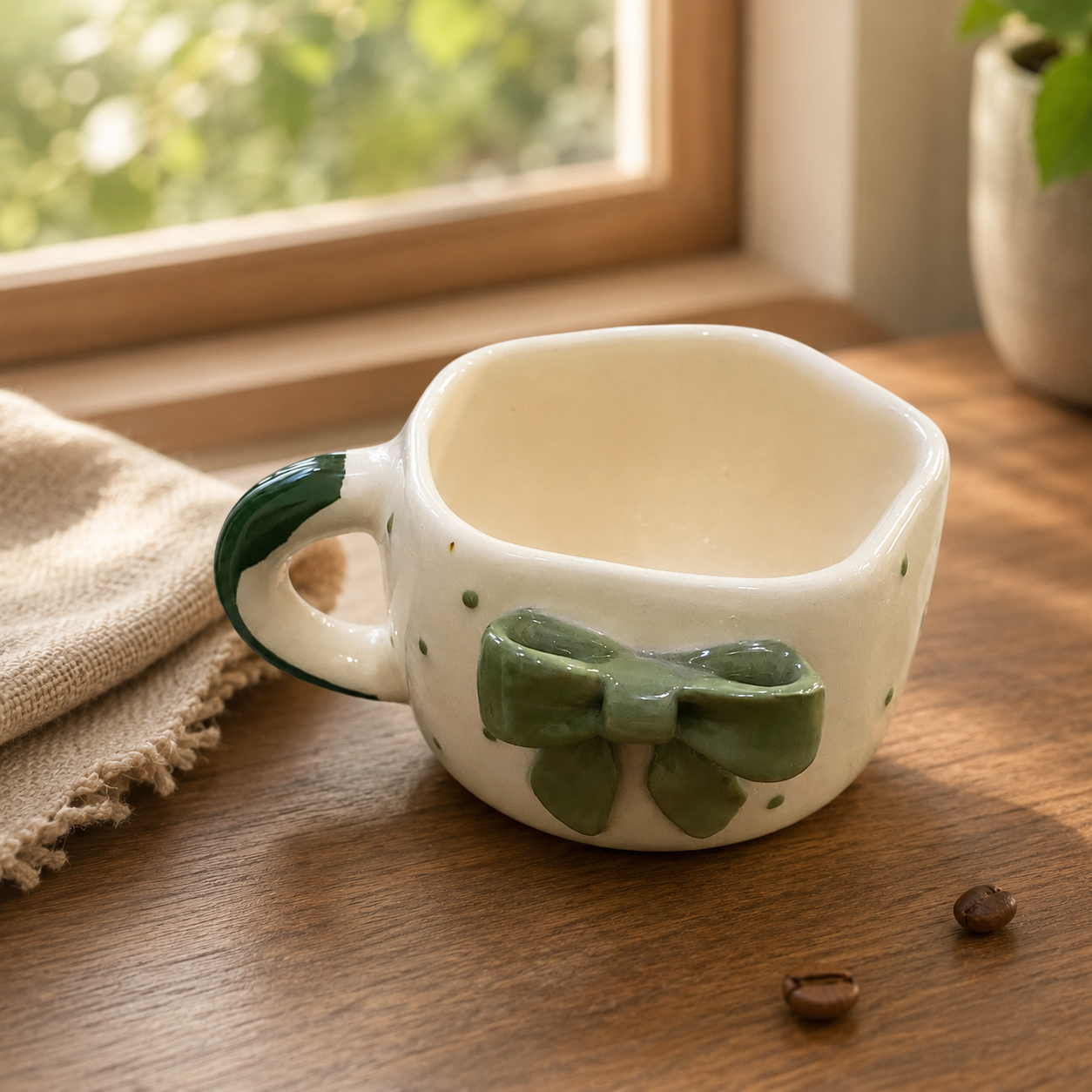 Coffee Mug, 3D Olive Green Bow Design Ceramic Mug with Wavy Rim and Green Accent Handle, Cream Aesthetic Tea Coffee Mug for Women, Girls, Home, Office & Gifting