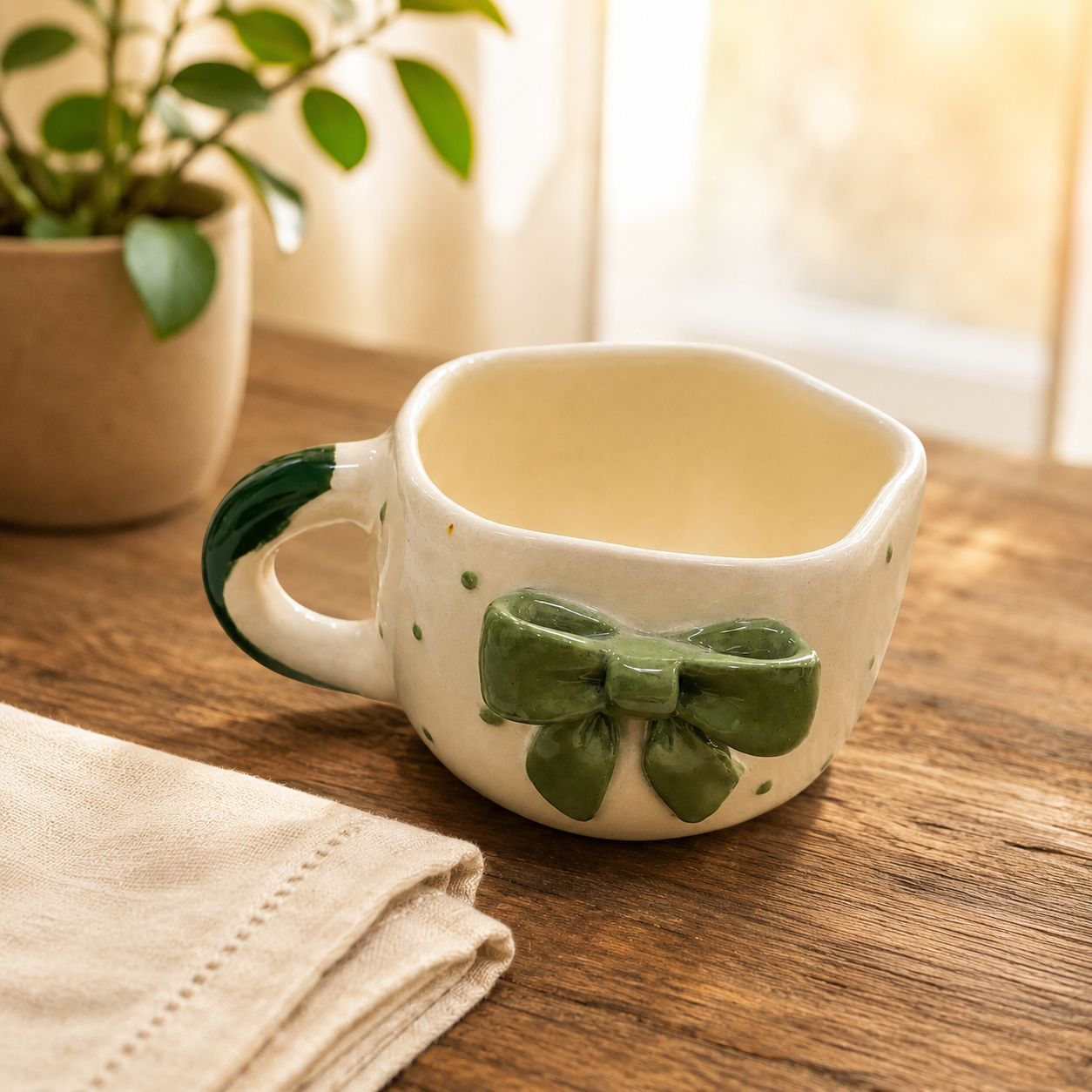 Coffee Mug, 3D Olive Green Bow Design Ceramic Mug with Wavy Rim and Green Accent Handle, Cream Aesthetic Tea Coffee Mug for Women, Girls, Home, Office & Gifting