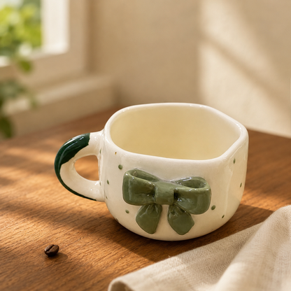 Coffee Mug, 3D Olive Green Bow Design Ceramic Mug with Wavy Rim and Green Accent Handle, Cream Aesthetic Tea Coffee Mug for Women, Girls, Home, Office & Gifting