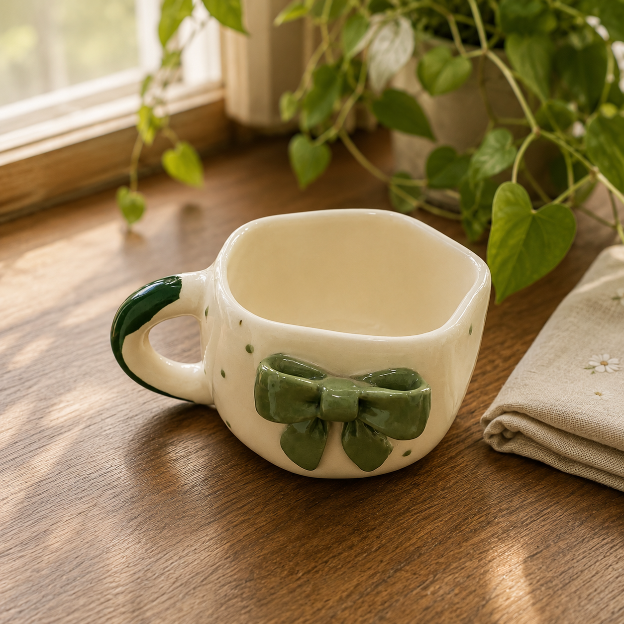 Coffee Mug, 3D Olive Green Bow Design Ceramic Mug with Wavy Rim and Green Accent Handle, Cream Aesthetic Tea Coffee Mug for Women, Girls, Home, Office & Gifting