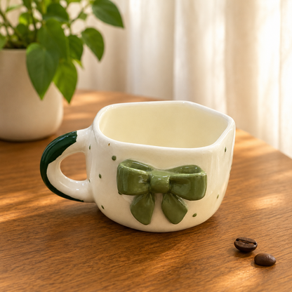 Coffee Mug, 3D Olive Green Bow Design Ceramic Mug with Wavy Rim and Green Accent Handle, Cream Aesthetic Tea Coffee Mug for Women, Girls, Home, Office & Gifting