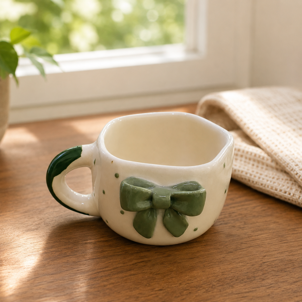 Coffee Mug, 3D Olive Green Bow Design Ceramic Mug with Wavy Rim and Green Accent Handle, Cream Aesthetic Tea Coffee Mug for Women, Girls, Home, Office & Gifting