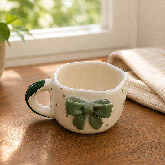 Coffee Mug, 3D Olive Green Bow Design Ceramic Mug with Wavy Rim and Green Accent Handle, Cream Aesthetic Tea Coffee Mug for Women, Girls, Home, Office & Gifting