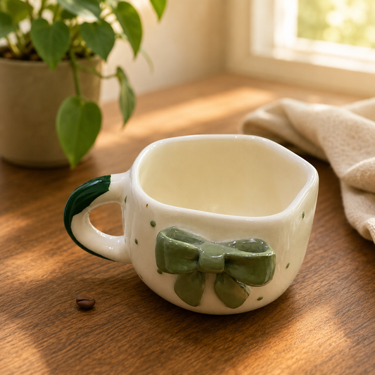 Coffee Mug, 3D Olive Green Bow Design Ceramic Mug with Wavy Rim and Green Accent Handle, Cream Aesthetic Tea Coffee Mug for Women, Girls, Home, Office & Gifting