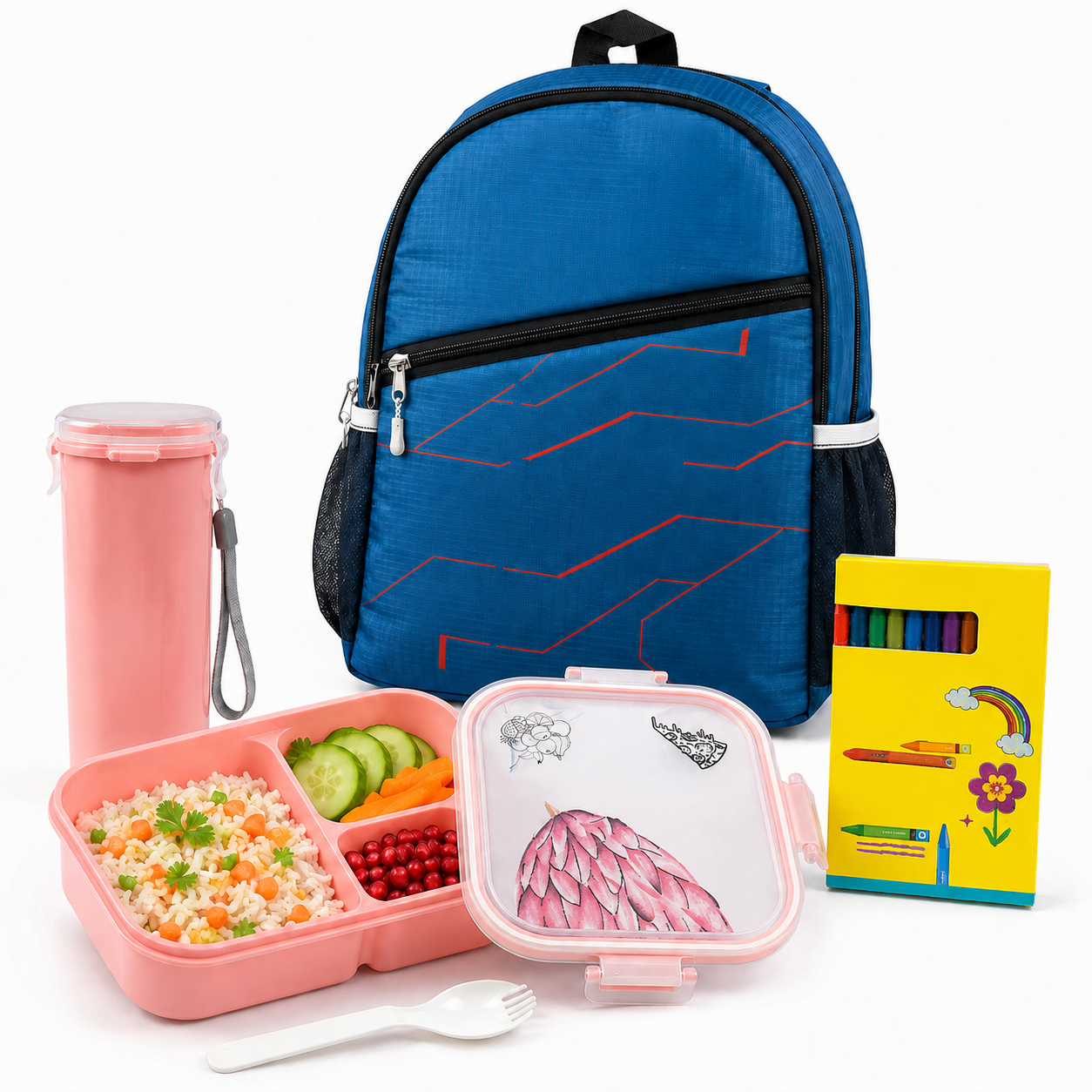 Complete Back-to-School Set | Spacious Backpack, Lunch Box, Leakproof Bottle & Crayon Kit | Ideal for Preschool & Primary Kids