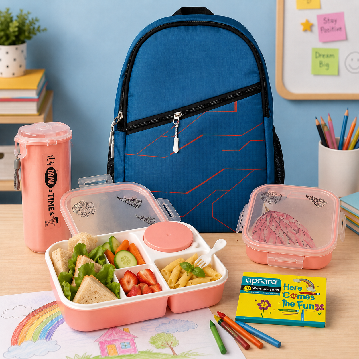 Complete Back-to-School Set | Spacious Backpack, Lunch Box, Leakproof Bottle & Crayon Kit | Ideal for Preschool & Primary Kids