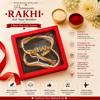 Raksha Bandhan Designer BHAI Rakhi Gift Set with Decorative Pooja Thali, Roli, Chawal, Chandan and Mishri 2 Bowls & Gift Box