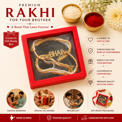 Raksha Bandhan Designer BHAI Rakhi Gift Set with Decorative Pooja Thali, Roli, Chawal, Chandan and Mishri 2 Bowls & Gift Box