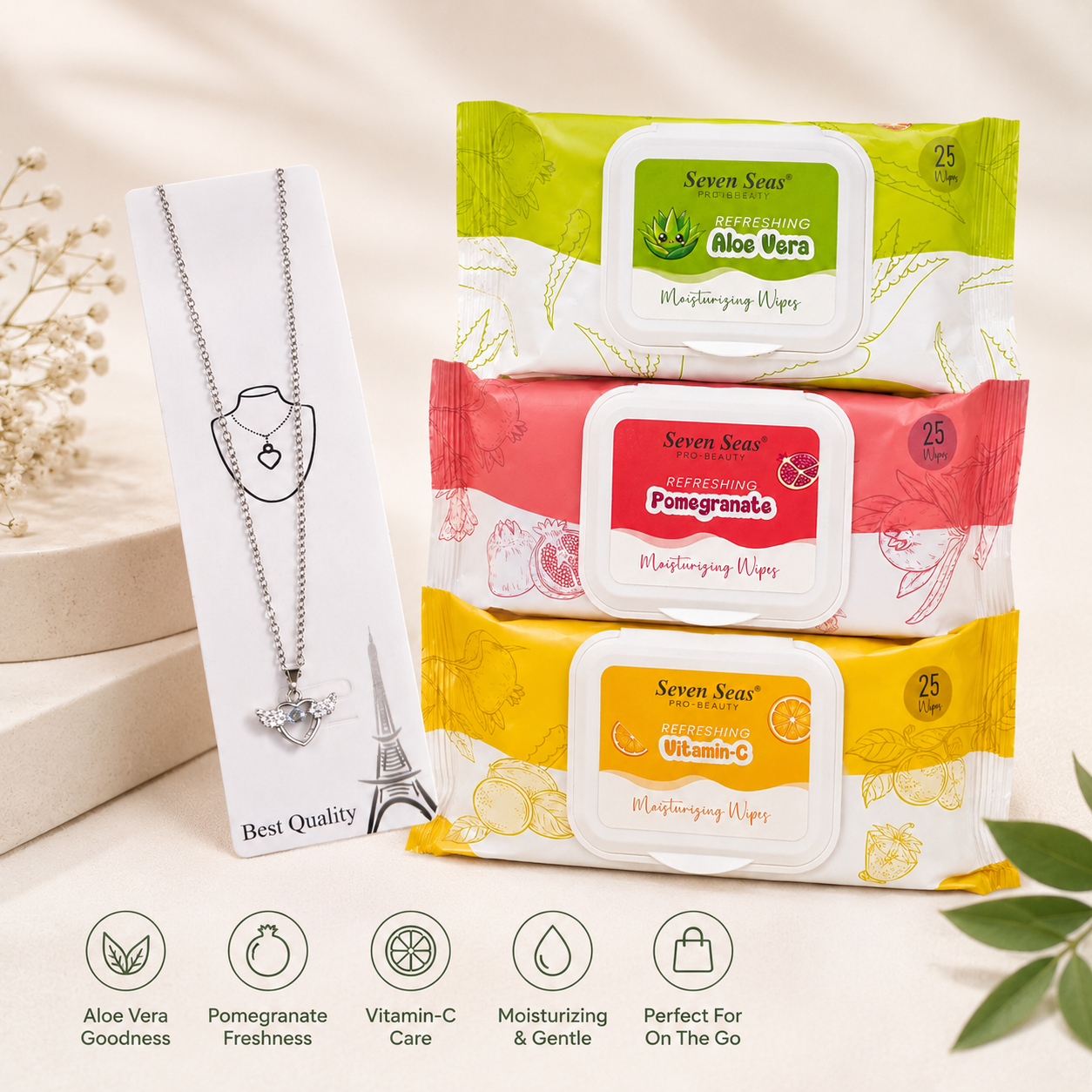 Refreshing Face Wipes With Silver Heart Pendant Gift Combo | Pack of 3 Moisturising Wipes with Stylish Necklace for Girls/Women