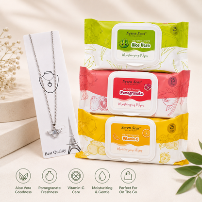 Refreshing Face Wipes With Silver Heart Pendant Gift Combo | Pack of 3 Moisturising Wipes with Stylish Necklace for Girls/Women
