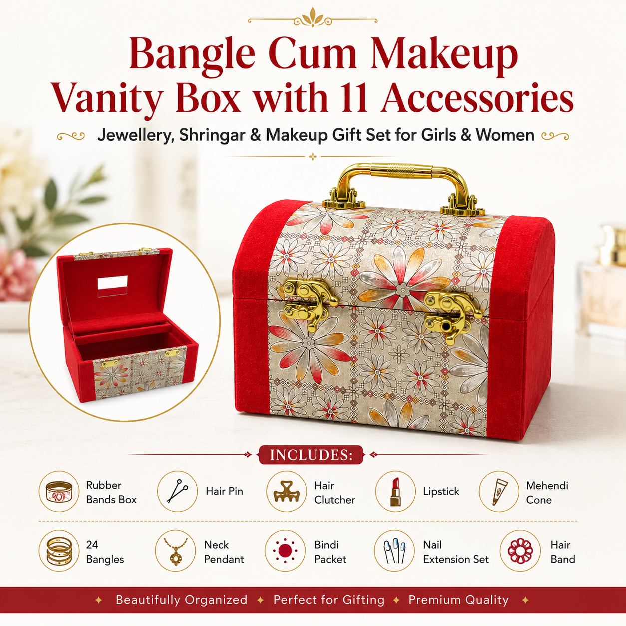 Bangle Cum Makeup Vanity Box with 11 Accessories | Jewellery & Shringar Gift Set with 24 Bangles, Lipstick, Hair Accessories, Bindi, Mehendi Cone, Pendant & Nail Extensions for Girls and Women