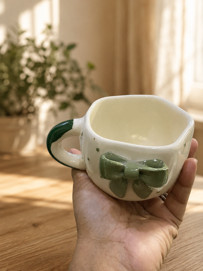 Coffee Mug, 3D Olive Green Bow Design Ceramic Mug with Wavy Rim and Green Accent Handle, Cream Aesthetic Tea Coffee Mug for Women, Girls, Home, Office & Gifting
