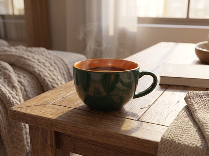 Ceramic Mug - Oversized Wide-Rim Coffee Cup (Deep Green & Orange)