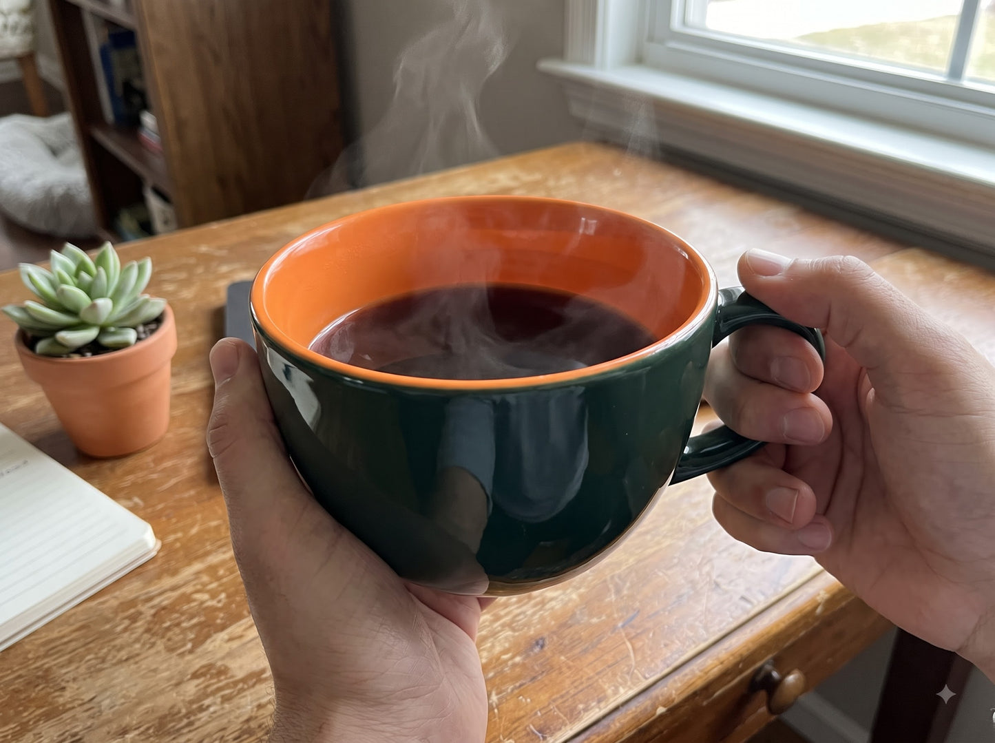 Ceramic Mug - Oversized Wide-Rim Coffee Cup (Deep Green & Orange)