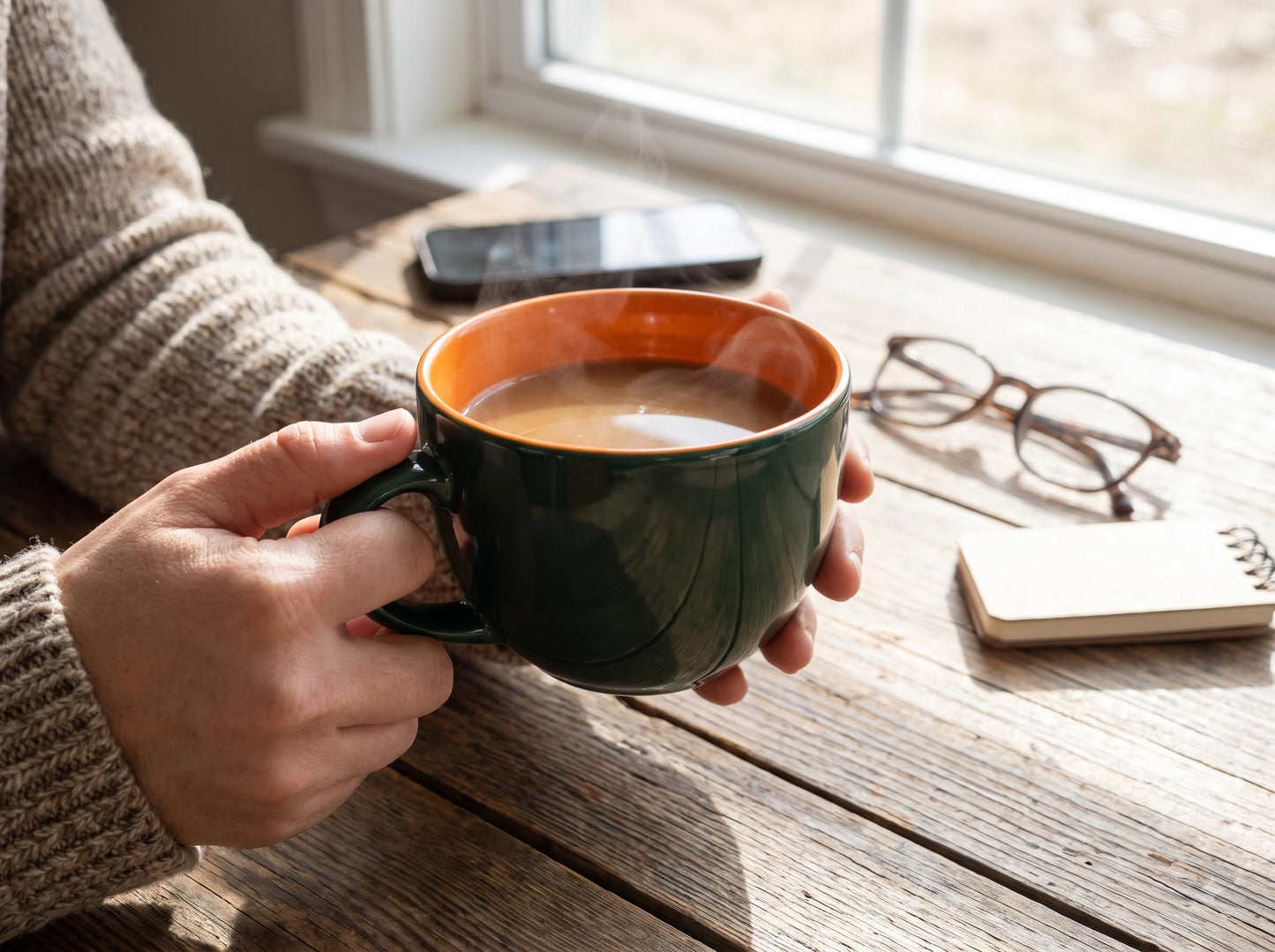 Ceramic Mug - Oversized Wide-Rim Coffee Cup (Deep Green & Orange)