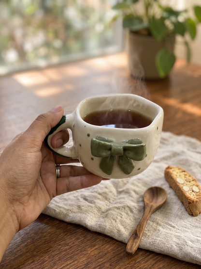 Coffee Mug, 3D Olive Green Bow Design Ceramic Mug with Wavy Rim and Green Accent Handle, Cream Aesthetic Tea Coffee Mug for Women, Girls, Home, Office & Gifting