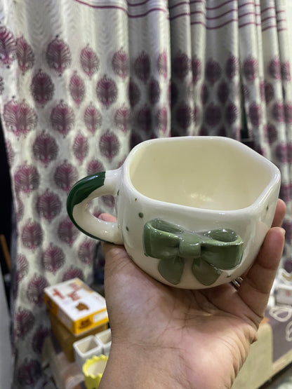 Coffee Mug, 3D Olive Green Bow Design Ceramic Mug with Wavy Rim and Green Accent Handle, Cream Aesthetic Tea Coffee Mug for Women, Girls, Home, Office & Gifting