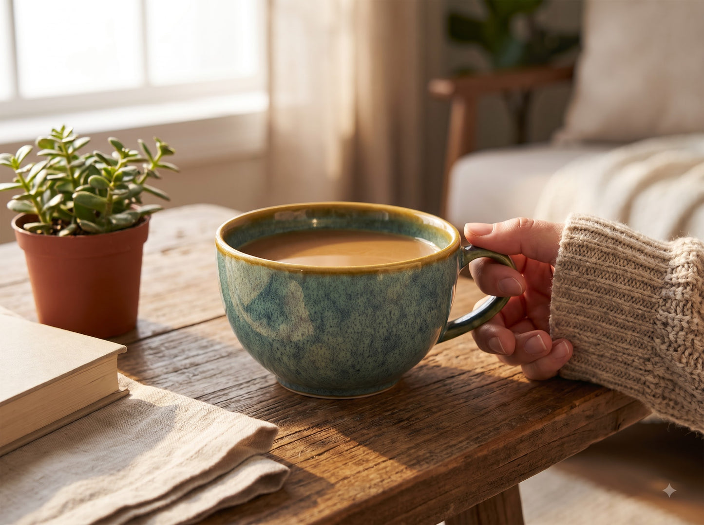 Coffee Mug, Premium Reactive Glaze Stoneware Ceramic Coffee Mug 300 ml, Sage Green & Teal Tea Cup with Comfortable Handle, Modern Coffee Mug for Home, Office & Gifting