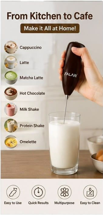 Electric Handheld Milk Frother – Coffee Foam Maker for Latte, Cappuccino, Matcha & Hot Chocolate (with batteries)